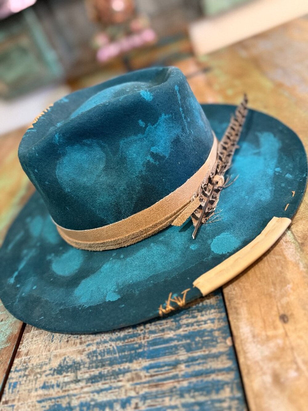Chapolala Bespoke Teal Distressed Felt Fedora Feather Hat XL